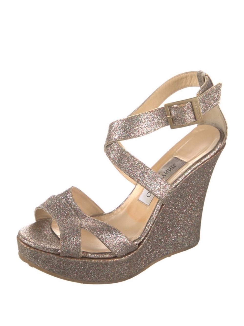 Jimmy Choo Glitter Platform Wedge Sandals - Metallic & Silver